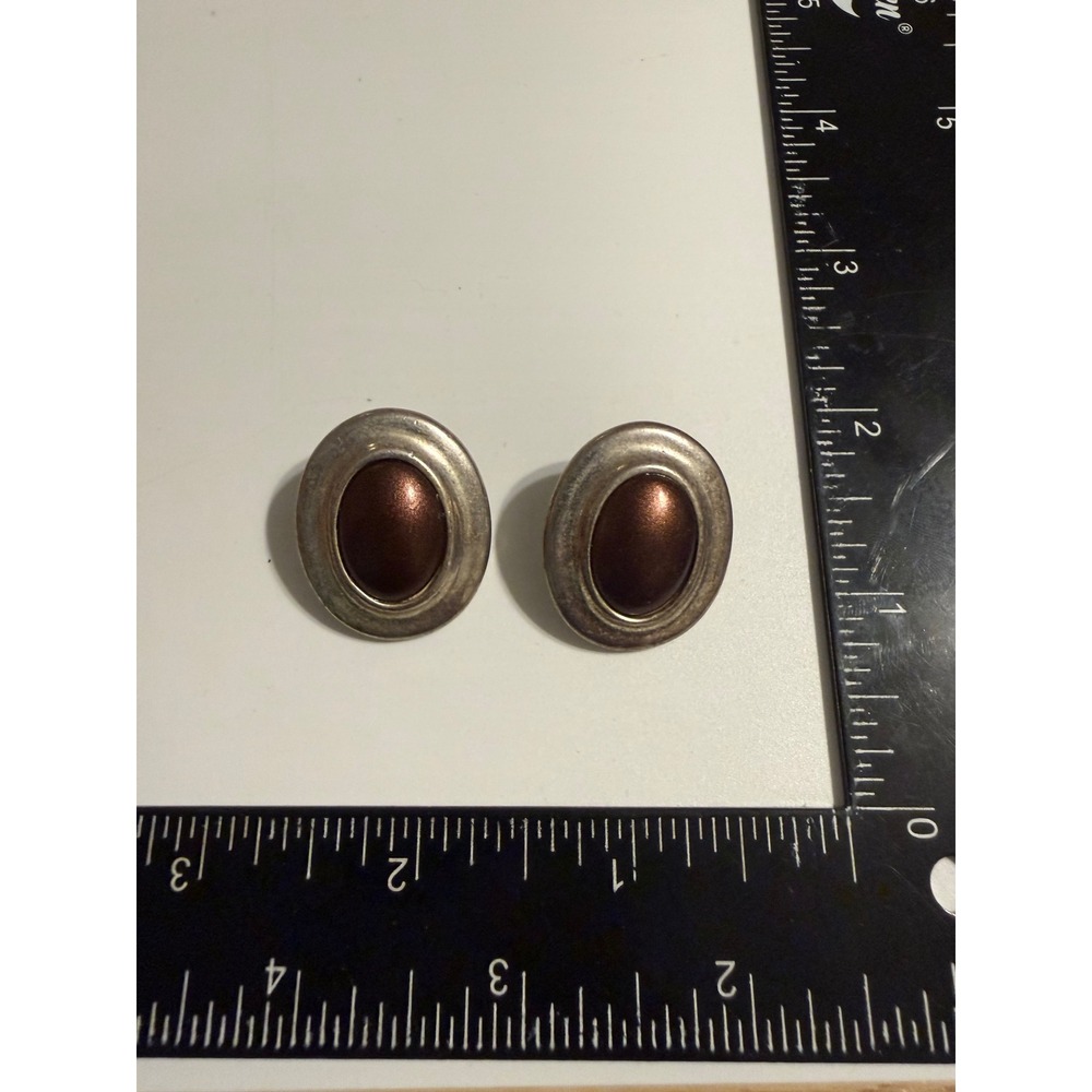 Vintage Silver Tone Oval Stud Earrings Copper Brown Cabochon Post Backs 1 Inch